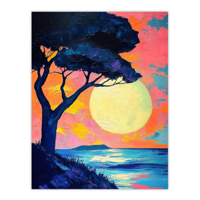 Artery8 Unframed Wall Art Tree Silhouette By Sea Large Sunset Sun Seascape12X16 Inch from B&Q