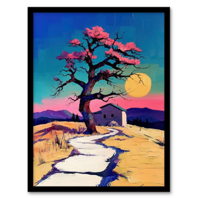 Artery8 Framed Wall Art Cottage Cherry Blossom Tree Sunrise Landscape Print12X16 Inch from B&Q