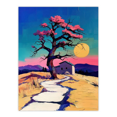 Artery8 Unframed Wall Art Cottage Cherry Blossom Tree Sunrise Landscape12X16 Inch from B&Q