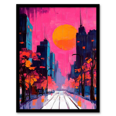 Artery8 Framed Wall Art City Street Autumn Pink Sunset Sky Cityscape Print12X16 Inch from B&Q