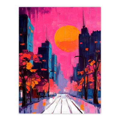 B&Q -  Unframed Wall Art City Street Autumn Pink Sunset Sky Cityscape12X16 Inch