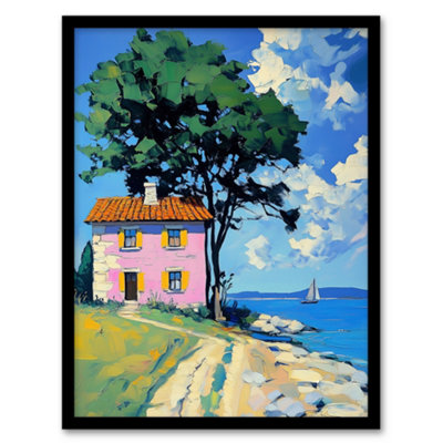 Artery8 Pink Village Cottage Coastal Greece Landscape Wall Art PrintA4 Size