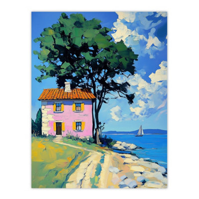 Artery8 Unframed Wall Art Pink Village Cottage Coastal Greece Landscape12X16 Inch
