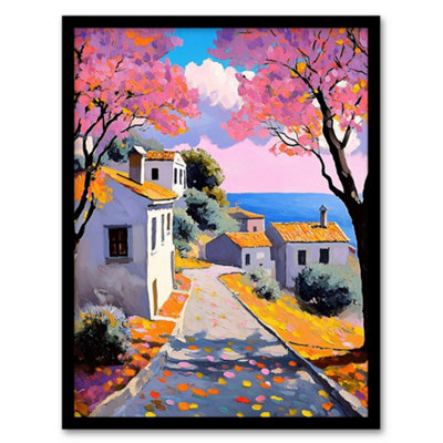 Artery8 Framed Wall Art French Coastal Village With Cherry Blossoms Trees Print12X16 Inch from B&Q