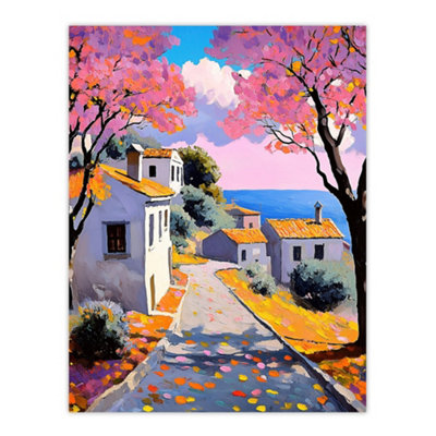 B&Q -  Unframed Wall Art French Coastal Village With Cherry Blossoms Trees12X16 Inch
