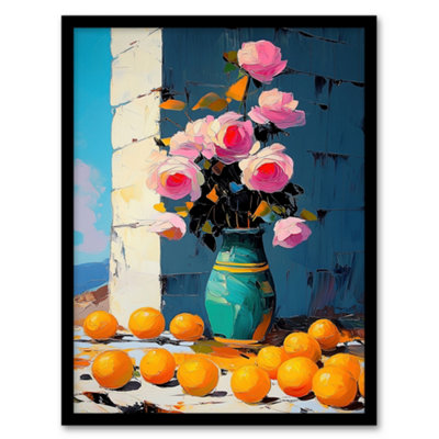 B&Q -  Rose Flower Bouquet Vase And Oranges Still Life Wall Art PrintA4 Size