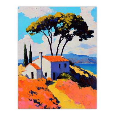 Artery8 Unframed Wall Art Italian Seaside Villa In Spring Vibrant Painting12X16 Inch from B&Q