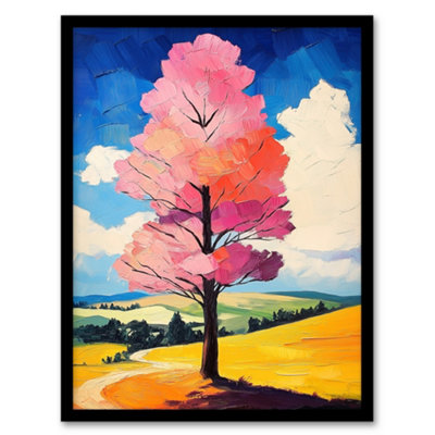 Artery8 Framed Wall Art Pink Tree In Countryside Field Landscape Painting Print12X16 Inch from B&Q