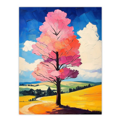 Artery8 Unframed Wall Art Pink Tree In Countryside Field Landscape Painting12X16 Inch from B&Q