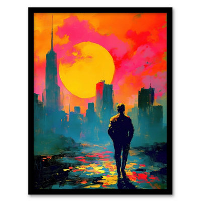 Artery8 Framed Wall Art Lone Walker Vibrant Sunset Abstract Cityscape Print12X16 Inch from B&Q