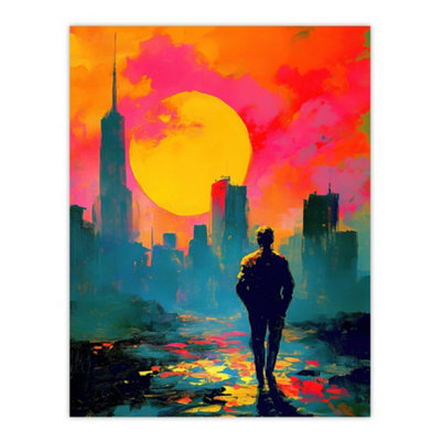 Artery8 Unframed Wall Art Lone Walker Vibrant Sunset Abstract Cityscape12X16 Inch from B&Q