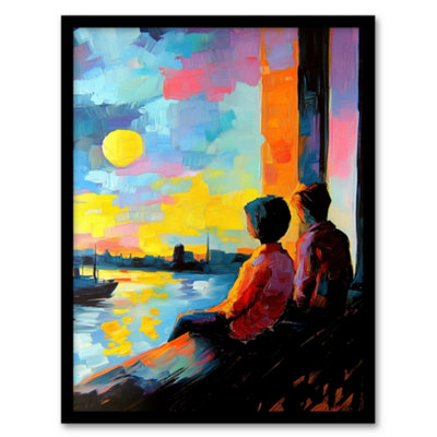 Artery8 Sunset Coastal View Couple Love Romantic Painting Wall Art PrintA4 Size from B&Q