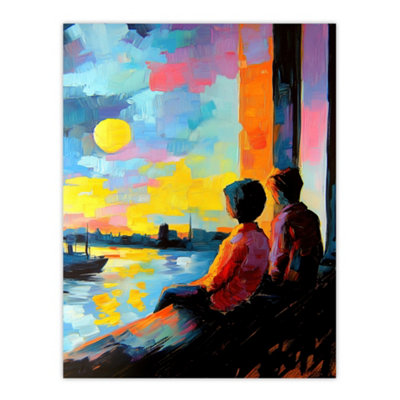Artery8 Unframed Wall Art Sunset Coastal View Couple Love Romantic Painting12X16 Inch from B&Q