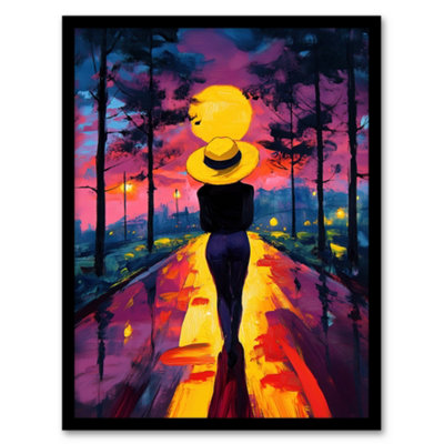 Artery8 Woman Walk Into Sunset Colourful Vibrant Painting Wall Art PrintA4 Size from B&Q