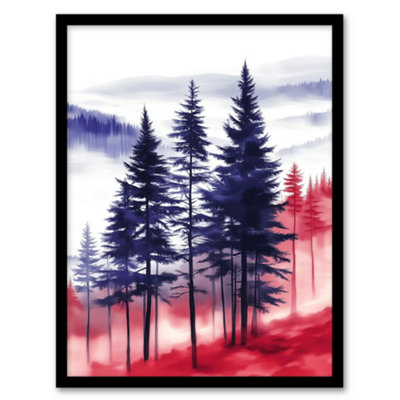 B&Q -  Misty Pine Tree Forest Blue Red Landscape Wall Art PrintA4 Size