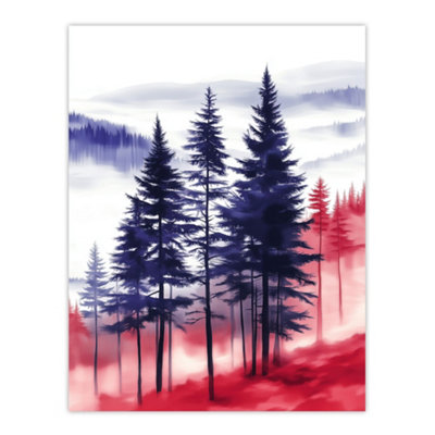 Artery8 Blue/Red Unframed Wall Art Misty Pine Tree Forest Landscape - 12X16 Inch