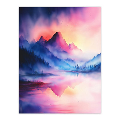 Artery8 Unframed Wall Art Misty Mountain Forest Lake Sunset Sky Watercolour12X16 Inch from B&Q