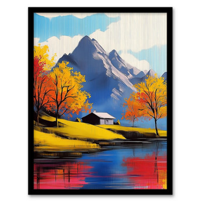 Artery8 Lakehouse Cottage Mountain Lake Autumn Landscape Wall Art PrintA4 Size from B&Q