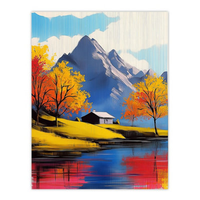 Artery8 Unframed Wall Art Lakehouse Cottage Mountain Lake Autumn Landscape12X16 Inch from B&Q