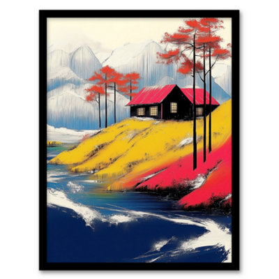 B&Q -  Fjord House Rural Winter Landscape Painting Wall Art PrintA4 Size