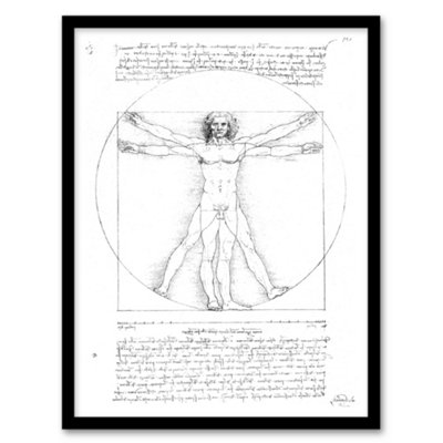 Artery8 Vitruvian Man Black And White Da Vinci Vintage Framed Wall Art Print 12X16" from B&Q