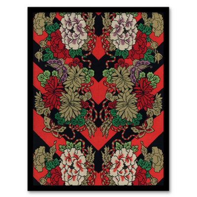 Artery8 Japanese Red Fan Floral Pattern Audsley Vintage Framed Wall Art Print 12X16" from B&Q