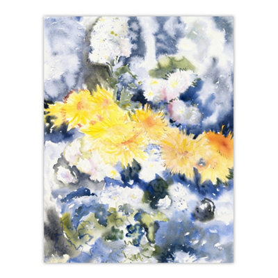 Artery8 Yellow And Blue Floral Watercolour Demuth Wall Art Poster Print 12X16" from B&Q