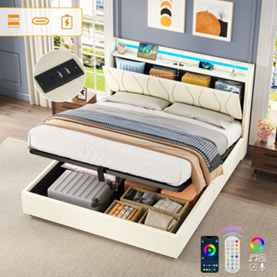 Btm Double Upholstered Bed Frame Hydraulic Storage Led Charging Usb Type C Linen Beige No Box Spring from B&Q