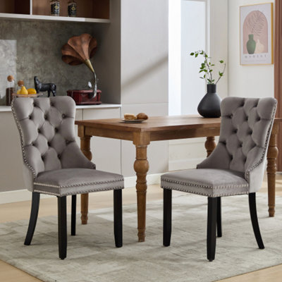 BTM Set Of 6 Modern Velvet Dining ChairsButton Tufted With Solid Wood Legs And Knocker Ring For Dining Or Living Room (Grey) from B&Q