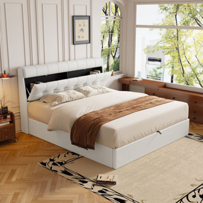 Btm 5Ft King Upholstered Bed 150X200Cm Hydraulic Storage Pu Cream White Headboard Storage Slats from B&Q