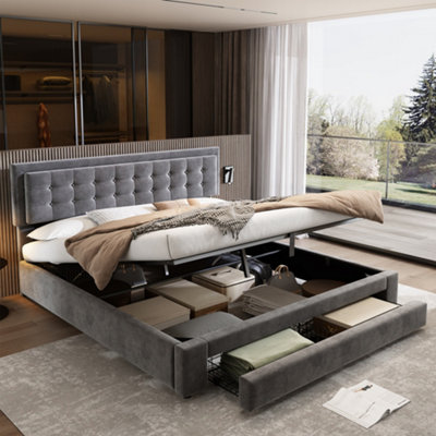 Btm Super King Upholstered Bed 6Ft 180X200CmVelvet Double BedStorageSlats & HeadboardGrey from B&Q