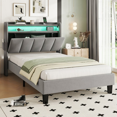 Btm Upholstered 3Ft Single Bed 90X190Cm With Led Light Strip Storage Flap Door Usb Ports Type C Velvet Grey from B&Q