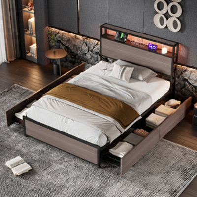 BTM Metal Bed3Ft Single Bed 90X190CmLed Light Strip4 Drawers2 Usb PortsGrey from B&Q