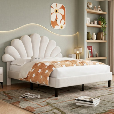 Btm Beige Upholstered Double Bed 4Ft6 Velvet Frame With Adjustable Petal Headboard No Mattress from B&Q