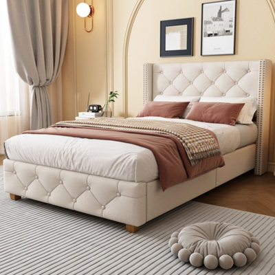 Btm Beige Linen Upholstered Single Bed 90X190Cm 3Ft With Slatted Base Headboard Button Tufting Rivet Trim Wooden Legs from B&Q