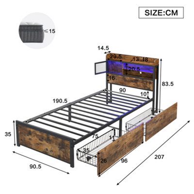 Btm Metal 3Ft Single Bed  Led Light Strip2 Drawers And Charging PortsStorage Bed FrameBlack And Wood from B&Q