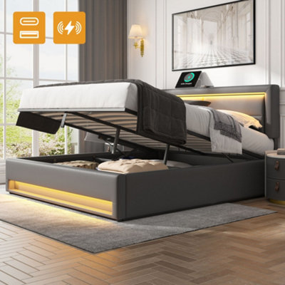 BTM Upholstered 135X190 Cm Double BedUsb Port (Wireless  Wired)Led LightingStorageGrayNo Mattress from B&Q