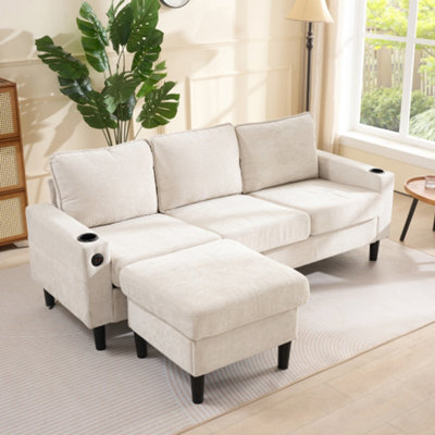 Btm L Shaped Couch SofaCorner Sofa 3 Seater SofaSectional Sofa Couches With UsbCup HolderFor Apartment Living Room (Beige) from B&Q