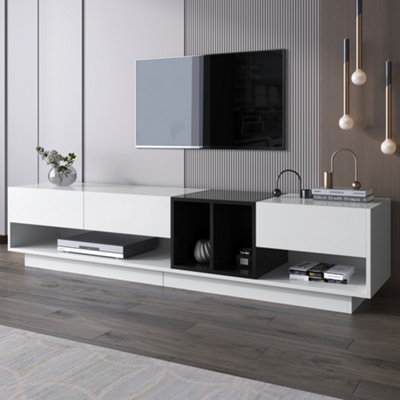 B&Q -  High Gloss Tv Cabinet White Black Color Block Design With Drawers Compartments Storage Lowboard