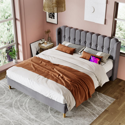 Btm Double Upholstered Bed Usb Type C Charging Linen Frame 4Ft6 135X190Cm Teen Bed Grey No Mattress from B&Q