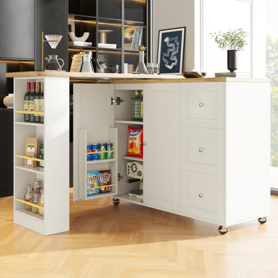 Btm White Swivelling Dining Table On Wheels With Drawers And Snack Rack Kitchen Storage Island