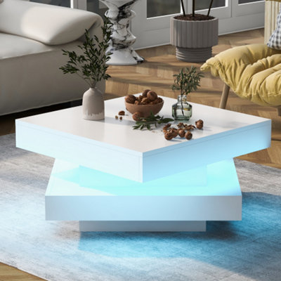 Btm White Square High Gloss Coffee Table With 360 Rotating Top And 16 Color Led Light 70X70X36 Cm from B&Q
