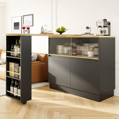 Btm Black 360 Swivel Dining Bar Table 90X45x100cm With Shelves And Glass Modern Sideboard For Kitchen Or Restaurant Size 45