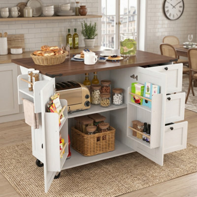 Btm Farmhouse Kitchen Island CartStorage Cabinet With 2 DrawersAdjustable ShelfSpice Rack & Towel HolderWhite from B&Q