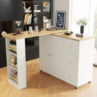 Btm White Swivelling Dining Table On Wheels With Drawers And Snack Rack Kitchen Storage Island
