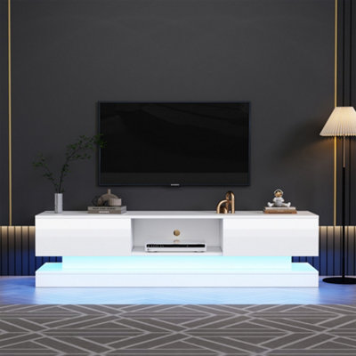 B&Q -  160Cm Tv Stand With 16 Colour Rgb Led Lights High Gloss Front 2 Drawers And 1 Open Storage For 70 To 79 Inch Tvs White