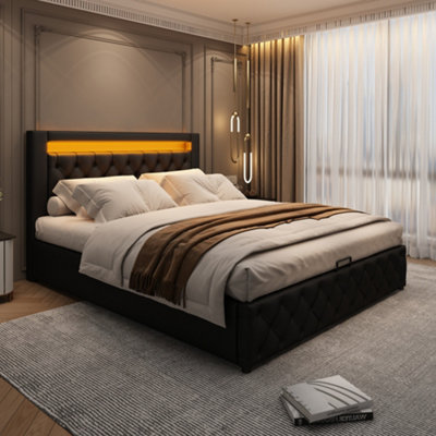 Btm Upholstered Functional Bed 135X190Cm With Storage & Multi-Color Led LightingPuBlack from B&Q