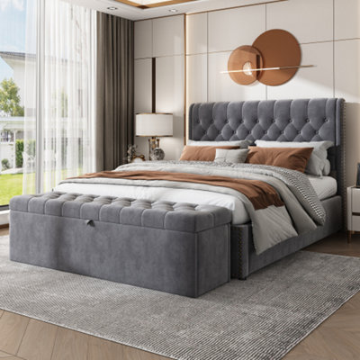 Btm Upholstered Super King Size Bed 6Ft 180X200Cm Hydraulic Lever Storage Bed Rivet Decoration Without Mattress Velvet Grey from B&Q