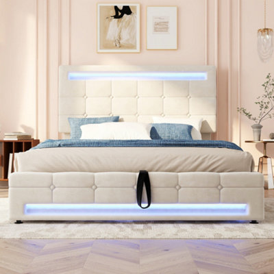 Btm Upholstered Hydraulic Bed 4Ft6 Double 135X190Cm Beige Velvet Iron Led Lighting Storage Bed Square Design Adults Teenagers from B&Q