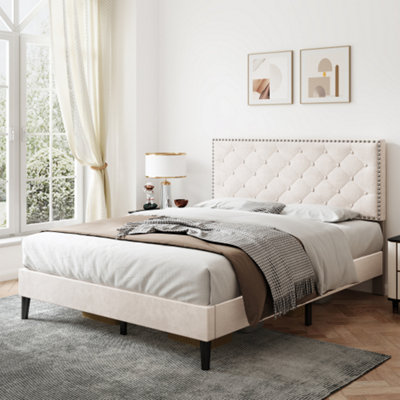 Btm Upholstered Velvet Double Bed 4Ft6 Adjustable Button Tufted And Riveted Headboard Beige No Mattress from B&Q